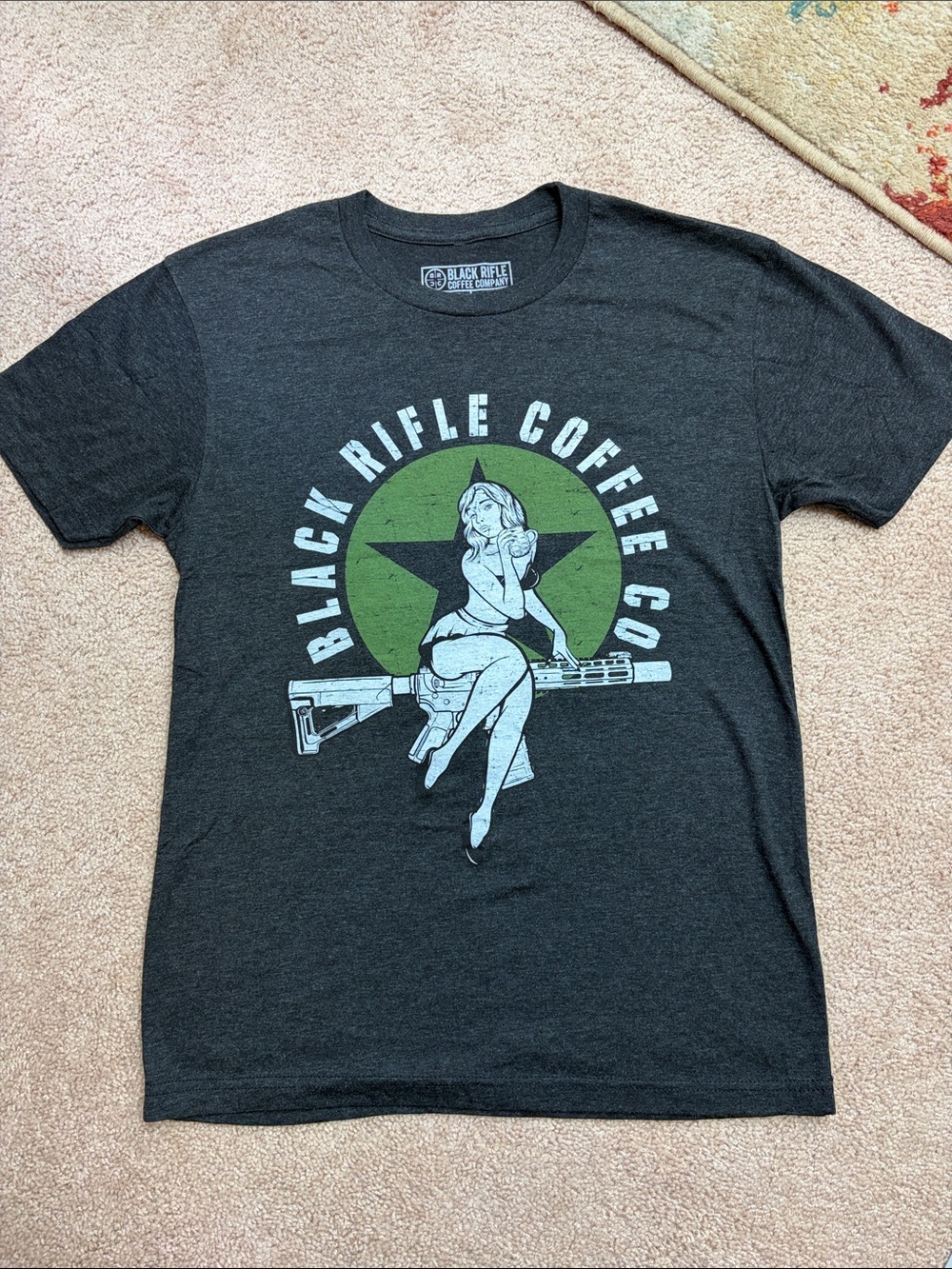 Black Rifle Coffee Company Coffee Charcoal Heather Gray Bomber Pinup Tee Mens. S